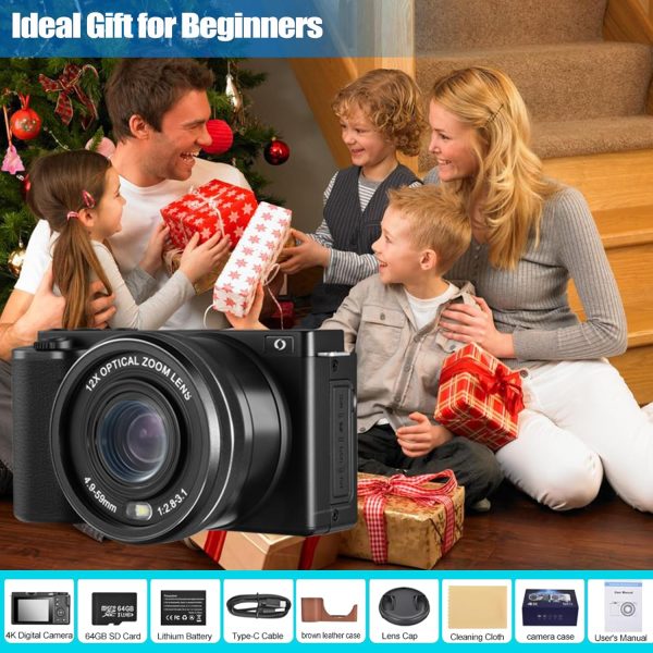 4K Digital Camera for Photography and Video, 12X Optical Zoom 64MP Autofocus Anti-Shake Vlogging Camera for YouTube, Built-in Fill Light and Flash Travel Camera with 64GB SD Card,Battery (Black) - Image 9