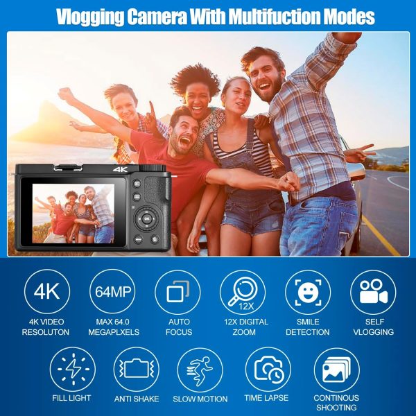 4K Digital Camera for Photography and Video, 12X Optical Zoom 64MP Autofocus Anti-Shake Vlogging Camera for YouTube, Built-in Fill Light and Flash Travel Camera with 64GB SD Card,Battery (Black) - Image 2