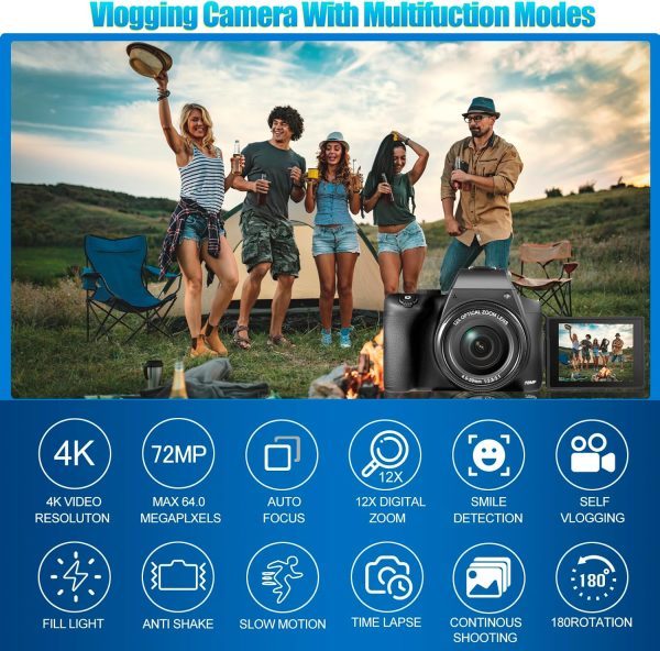 4K Digital Camera for Photography - 12X Optical Zoom 72MP Vlogging Camera for YouTube with 3" 180° Flip Screen, Autofocus Compact Camera with Battery, 64GB SD Card, USB Card Reader & Charging Stand - Image 7