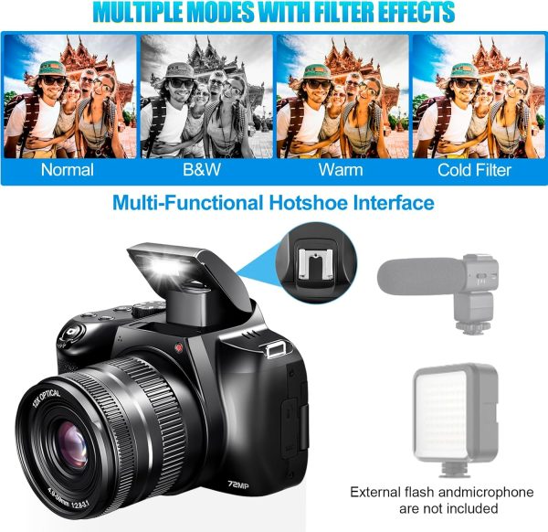 4K Digital Camera for Photography - 12X Optical Zoom 72MP Vlogging Camera for YouTube with 3" 180° Flip Screen, Autofocus Compact Camera with Battery, 64GB SD Card, USB Card Reader & Charging Stand - Image 5