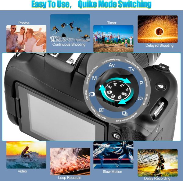 4K Digital Camera for Photography - 12X Optical Zoom 72MP Vlogging Camera for YouTube with 3" 180° Flip Screen, Autofocus Compact Camera with Battery, 64GB SD Card, USB Card Reader & Charging Stand - Image 6