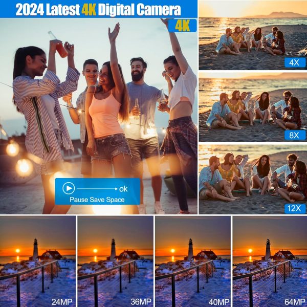4K Digital Camera for Photography and Video, 12X Optical Zoom 64MP Autofocus Anti-Shake Vlogging Camera for YouTube, Built-in Fill Light and Flash Travel Camera with 64GB SD Card,Battery (White) - Image 6