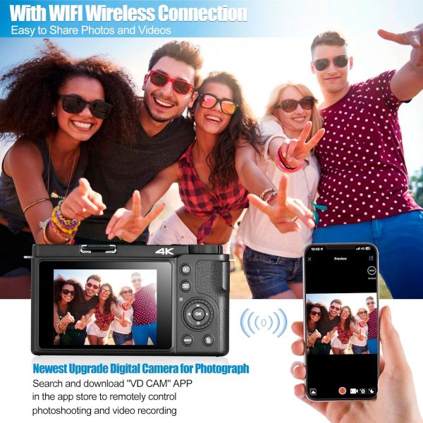 4K Digital Camera for Photography and Video, 12X Optical Zoom 64MP Autofocus Anti-Shake Vlogging Camera for YouTube, Built-in Fill Light and Flash Travel Camera with 64GB SD Card,Battery (Black) - Image 7
